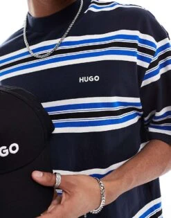 HUGO BLUE Oversized T-shirt In Blue Stripe For Men Dark Blue 7 HUGO BLUE Oversized T-shirt In Blue Stripe For Men Dark Blue -Hugoro Store 205860752 3