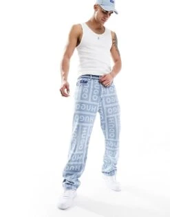 HUGO BLUE Straight Leg Jeans In All Over Logo For Men Medium Blue -Hugoro Store 205860845 1 mediumblue 1