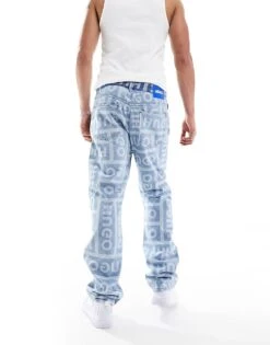 HUGO BLUE Straight Leg Jeans In All Over Logo For Men Medium Blue -Hugoro Store 205860845 3