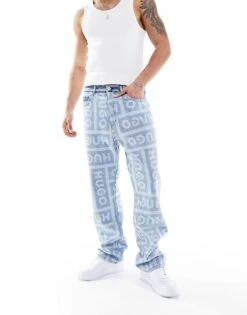 HUGO BLUE Straight Leg Jeans In All Over Logo For Men Medium Blue -Hugoro Store 205860845 4