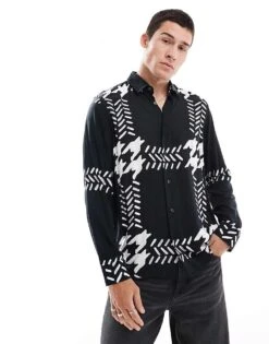 HUGO Red Emero Long Sleeve Shirt In Black With Oversized Houndstooth Print For Men -Hugoro Store 206765191 1 black 1