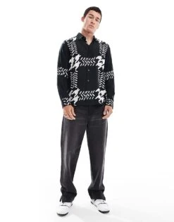 HUGO Red Emero Long Sleeve Shirt In Black With Oversized Houndstooth Print For Men -Hugoro Store 206765191 2