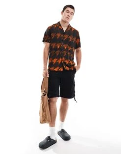 HUGO Red Ellino Short Sleeve Revere Collared Shirt In All Over Orange Houndstooth For Men -Hugoro Store 206765327 1 orange 1