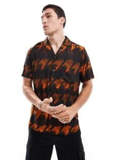 HUGO Red Ellino Short Sleeve Revere Collared Shirt In All Over Orange Houndstooth For Men -Hugoro Store 206765327 2