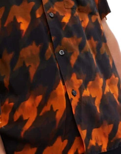HUGO Red Ellino Short Sleeve Revere Collared Shirt In All Over Orange Houndstooth For Men -Hugoro Store 206765327 3