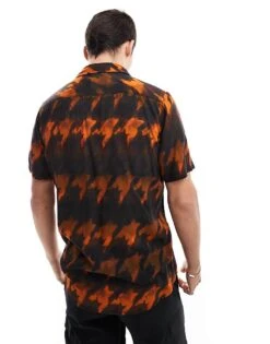 HUGO Red Ellino Short Sleeve Revere Collared Shirt In All Over Orange Houndstooth For Men -Hugoro Store 206765327 4