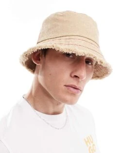 HUGO Red X Les Benjamins Bucket Hat In Beige With All Over Print And Frayed Edge For Men