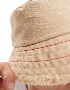 HUGO Red X Les Benjamins Bucket Hat In Beige With All Over Print And Frayed Edge For Men -Hugoro Store 206773169 3