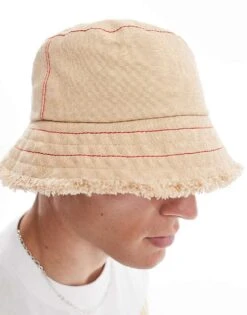 HUGO Red X Les Benjamins Bucket Hat In Beige With All Over Print And Frayed Edge For Men -Hugoro Store 206773169 4