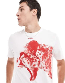HUGO Red Dikobra T-shirt In White With Red Placement Animal Print For Men -Hugoro Store 206773201 1 white 1