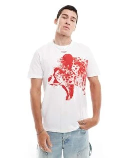 HUGO Red Dikobra T-shirt In White With Red Placement Animal Print For Men -Hugoro Store 206773201 2