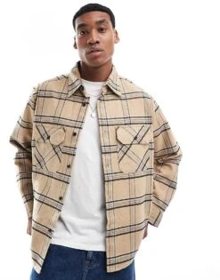 HUGO Blue Ebolt Oversized Flannel Shirt In Beige And Blue Check For Men 9 HUGO Blue Ebolt Oversized Flannel Shirt In Beige And Blue Check For Men -Hugoro Store 206890405 1 beige 1