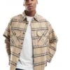 HUGO Blue Ebolt Oversized Flannel Shirt In Beige And Blue Check For Men