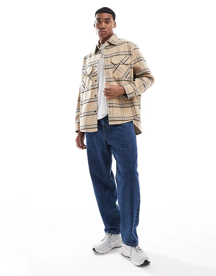 HUGO Blue Ebolt Oversized Flannel Shirt In Beige And Blue Check For Men 2 HUGO Blue Ebolt Oversized Flannel Shirt In Beige And Blue Check For Men - Image 2