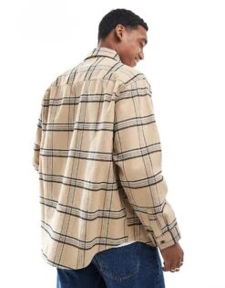 HUGO Blue Ebolt Oversized Flannel Shirt In Beige And Blue Check For Men 8 HUGO Blue Ebolt Oversized Flannel Shirt In Beige And Blue Check For Men -Hugoro Store 206890405 4
