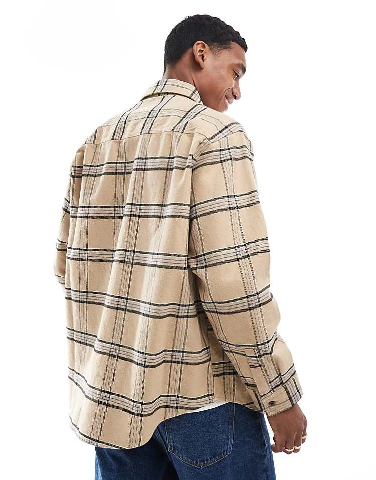 HUGO Blue Ebolt Oversized Flannel Shirt In Beige And Blue Check For Men 4 HUGO Blue Ebolt Oversized Flannel Shirt In Beige And Blue Check For Men - Image 4