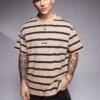 HUGO Blue Nistripo Oversized T-shirt In Beige And Dark Blue Horizontal Stripe For Men