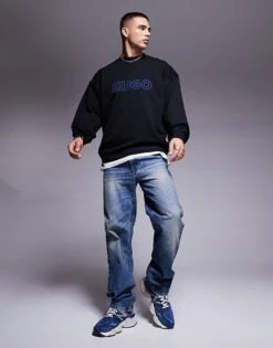 HUGO Blue Nitlogolong Crew Sweatshirt In Black For Men -Hugoro Store 206890706 4