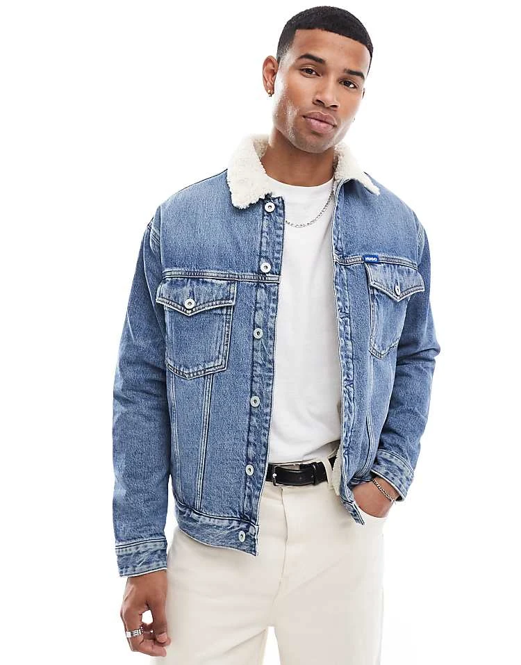 HUGO Blue Dex Denim Trucker Jacket In Midwash Blue With Sherpa Collar For Men 5 HUGO Blue Dex Denim Trucker Jacket In Midwash Blue With Sherpa Collar For Men - Image 5
