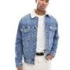 HUGO Blue Dex Denim Trucker Jacket In Midwash Blue With Sherpa Collar For Men