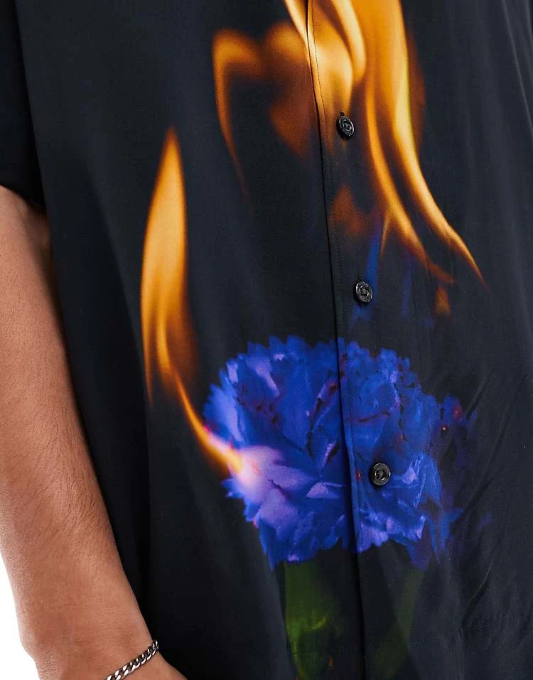 HUGO Red Espino Short Sleeve Revere Collared Shirt In Black With Flower Print For Men 3 HUGO Red Espino Short Sleeve Revere Collared Shirt In Black With Flower Print For Men - Image 3