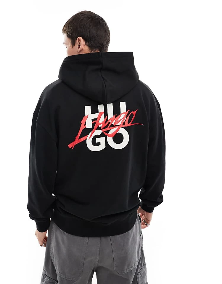 HUGO Red Dlogolong Pullover Hoodie In Black With Chest And Back Logo Print For Men 5 HUGO Red Dlogolong Pullover Hoodie In Black With Chest And Back Logo Print For Men - Image 5