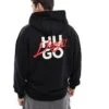 HUGO Red Dlogolong Pullover Hoodie In Black With Chest And Back Logo Print For Men