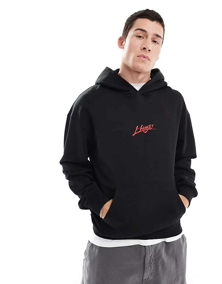 HUGO Red Dlogolong Pullover Hoodie In Black With Chest And Back Logo Print For Men 2 HUGO Red Dlogolong Pullover Hoodie In Black With Chest And Back Logo Print For Men - Image 2