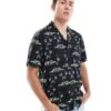 HUGO Red Ellino Short Sleeve Revere Collared Shirt In Black With All Over Print For Men