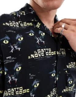 HUGO Red Ellino Short Sleeve Revere Collared Shirt In Black With All Over Print For Men -Hugoro Store 206892385 3