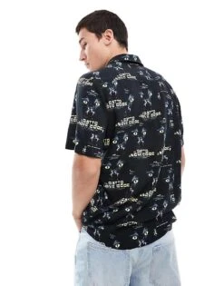 HUGO Red Ellino Short Sleeve Revere Collared Shirt In Black With All Over Print For Men -Hugoro Store 206892385 4