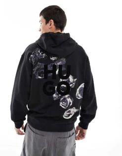 HUGO Red Dirosehood Pullover Hoodie In Black With Floral Chest And Back Print For Men -Hugoro Store 206892399 1 black 1