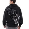 HUGO Red Dirosehood Pullover Hoodie In Black With Floral Chest And Back Print For Men