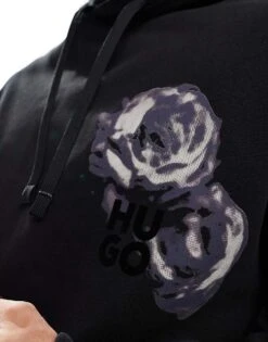HUGO Red Dirosehood Pullover Hoodie In Black With Floral Chest And Back Print For Men -Hugoro Store 206892399 3