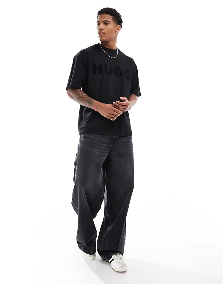 HUGO Red Dinkee Oversized T-shirt In Black With Tonal Logo Print For Men 4 HUGO Red Dinkee Oversized T-shirt In Black With Tonal Logo Print For Men - Image 4
