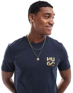 HUGO Red Diridumti T-shirt In Dark Blue With Foil Logo Print For Men