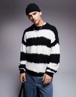HUGO BLUE Somi Oversized Knitted Striped Jumper In Black And White For Men -Hugoro Store 207342896 1 black 1