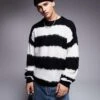 HUGO BLUE Somi Oversized Knitted Striped Jumper In Black And White For Men