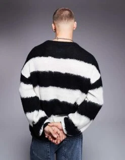 HUGO BLUE Somi Oversized Knitted Striped Jumper In Black And White For Men -Hugoro Store 207342896 4