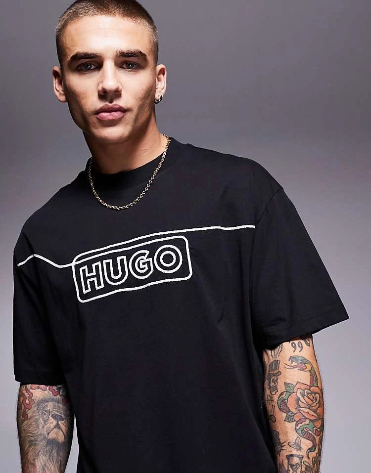 HUGO BLUE Noideryo Loose Fit T-shirt Wih Line Print Logo In Black For Men 5 HUGO BLUE Noideryo Loose Fit T-shirt Wih Line Print Logo In Black For Men - Image 5