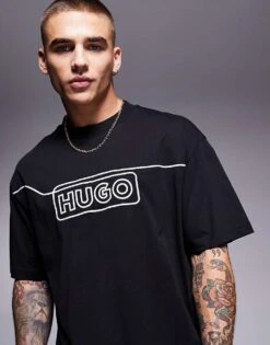 HUGO BLUE Noideryo Loose Fit T-shirt Wih Line Print Logo In Black For Men