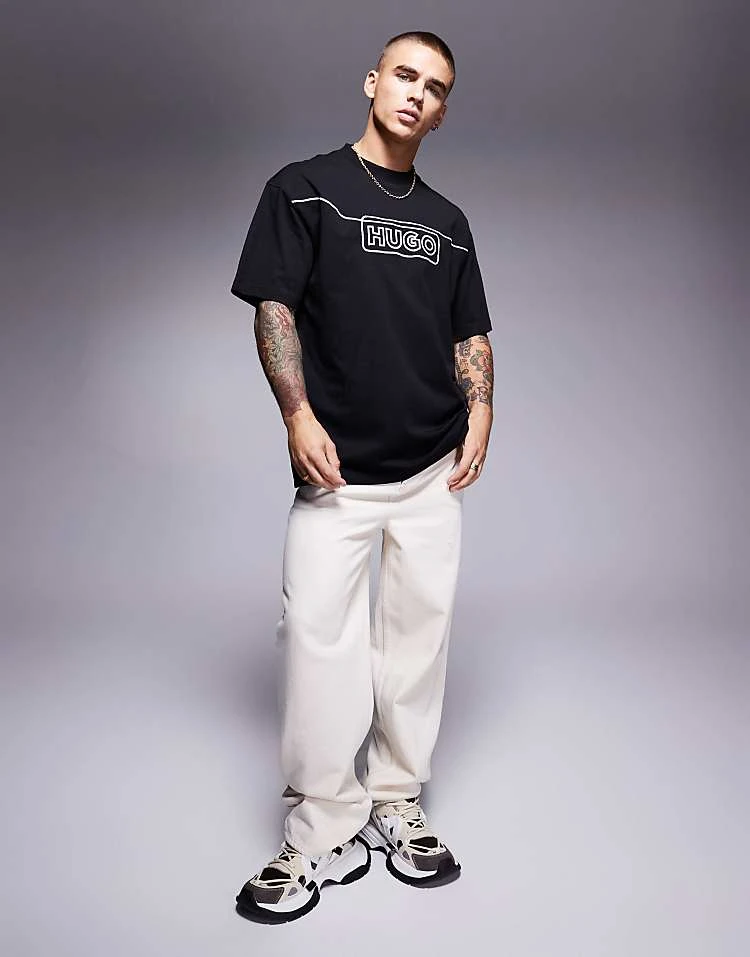 HUGO BLUE Noideryo Loose Fit T-shirt Wih Line Print Logo In Black For Men 2 HUGO BLUE Noideryo Loose Fit T-shirt Wih Line Print Logo In Black For Men - Image 2