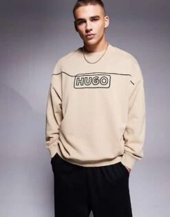 HUGO BLUE Noideryos Loose Fit Sweatshirt With Line Logo In Beige For Men Medium Beige -Hugoro Store 207342942 1 mediumbeige 1