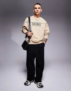 HUGO BLUE Noideryos Loose Fit Sweatshirt With Line Logo In Beige For Men Medium Beige -Hugoro Store 207342942 2