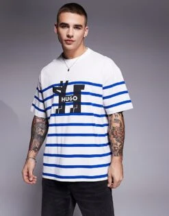 HUGO BLUE Nolastripe Loose Fit Striped Logo T-shirt In White And Blue For Men -Hugoro Store 207343025 1 white 1