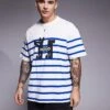 HUGO BLUE Nolastripe Loose Fit Striped Logo T-shirt In White And Blue For Men