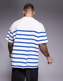 HUGO BLUE Nolastripe Loose Fit Striped Logo T-shirt In White And Blue For Men -Hugoro Store 207343025 4