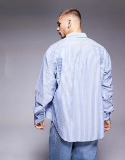 HUGO BLUE Ebill Oversized Shirt In Blue Stripe For Men Open Blue -Hugoro Store 207343161 3