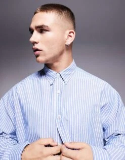 HUGO BLUE Ebill Oversized Shirt In Blue Stripe For Men Open Blue -Hugoro Store 207343161 4