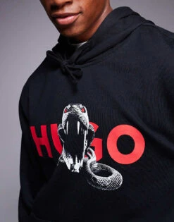 HUGO Red Dueleyo Snake Graphic Hoodie In Black For Men -Hugoro Store 207343194 4